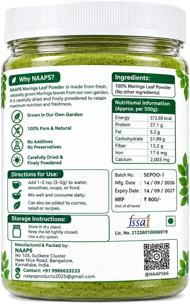 Back label of the jar: ingredients, nutritional information, directions, storage, FSSAI registration and manufacturer details