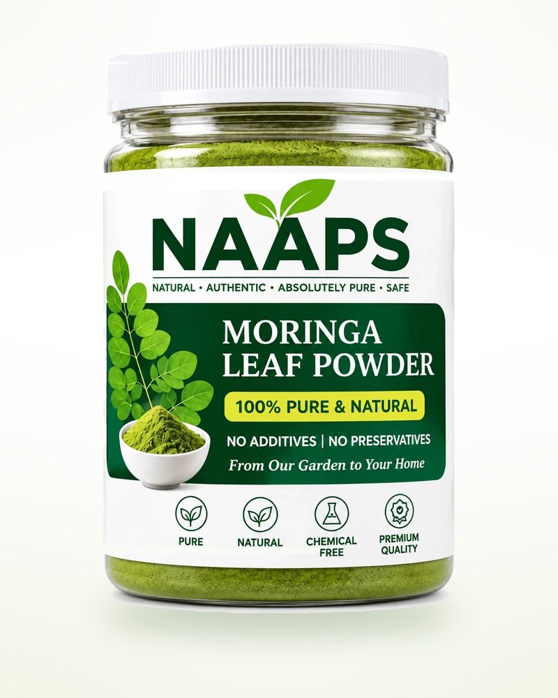 A sealed 500 g jar of NAAPS Moringa Leaf Powder